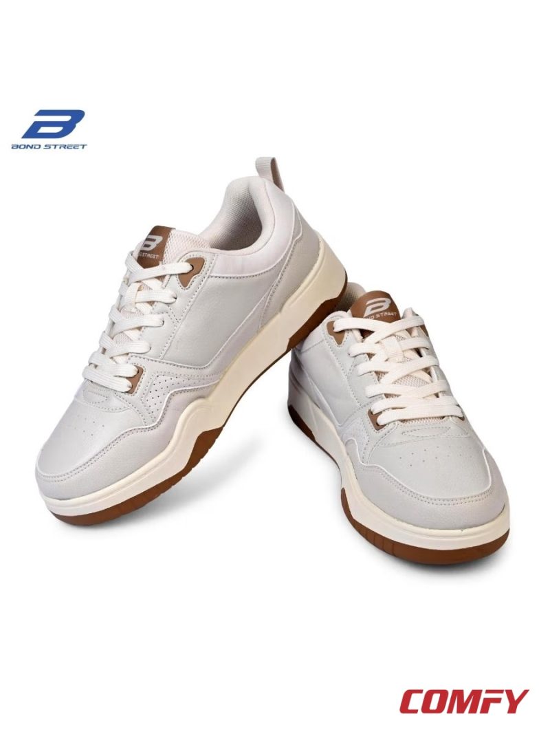 Angled front view of Bond Street beige men's court style casual sneakers.