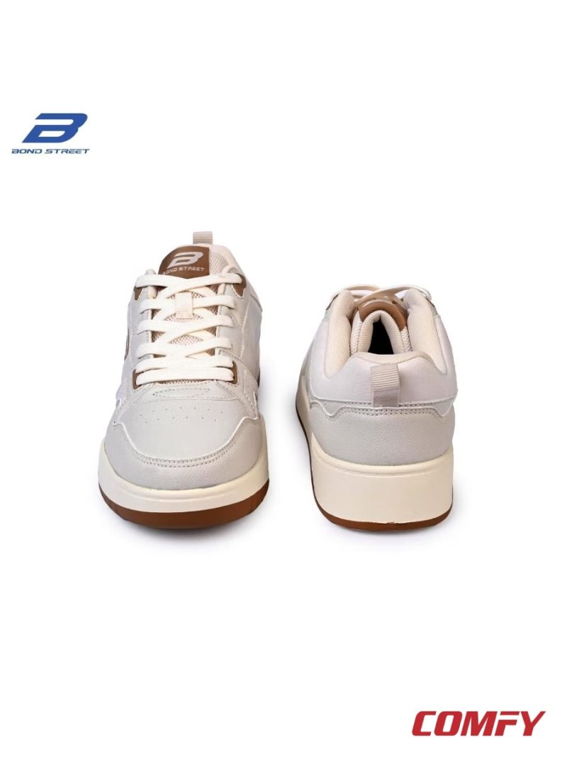 Front and rear view of Bond Street beige sneakers showing toe box and heel tabs.