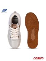 Top-down view and bottom outsole tread pattern of Bond Street beige sneakers.
