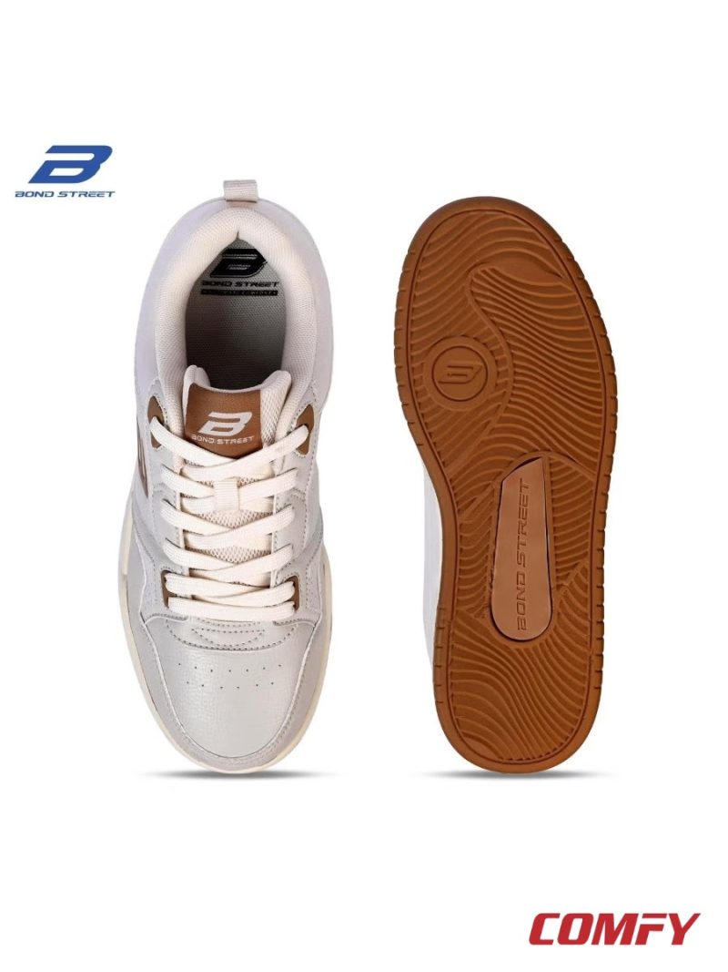 Top-down view and bottom outsole tread pattern of Bond Street beige sneakers.