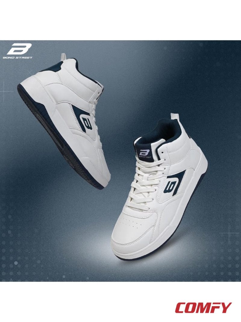 Floating pair of white and navy Bond Street sneakers.