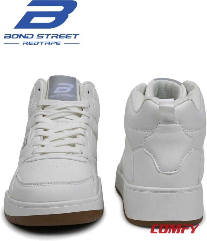 Front and back view of white Bond Street high top sneakers.