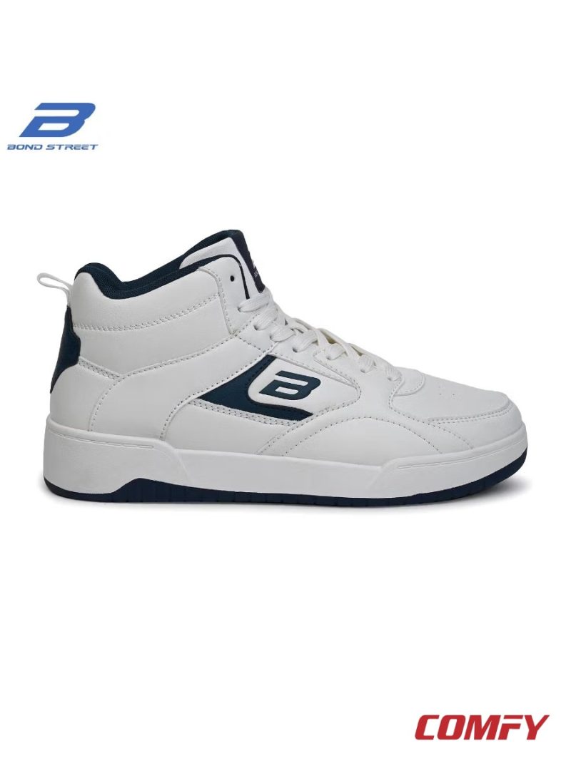 Side view of white Bond Street sneaker with navy accents.