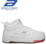 Side view of white Bond Street sneaker with silver B logo.