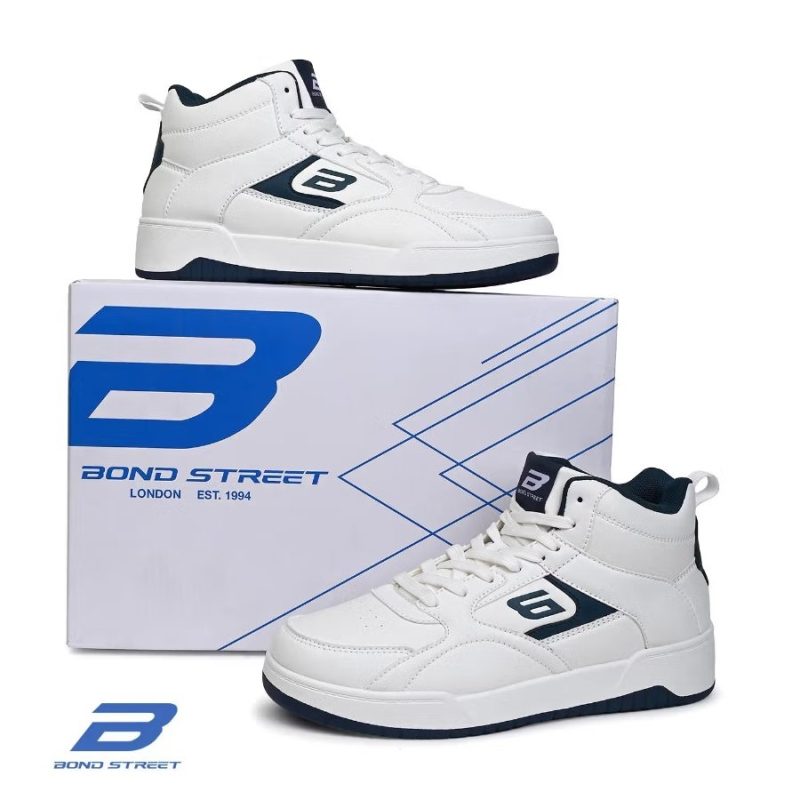 White and navy Bond Street sneakers with official shoe box.