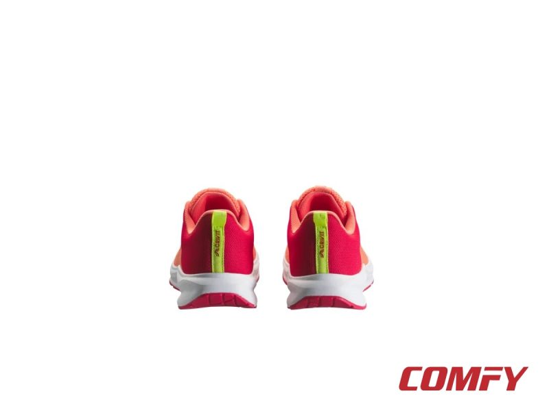 Rear view of CRIVIT women's running shoes showing pink heels and neon yellow pull tabs.