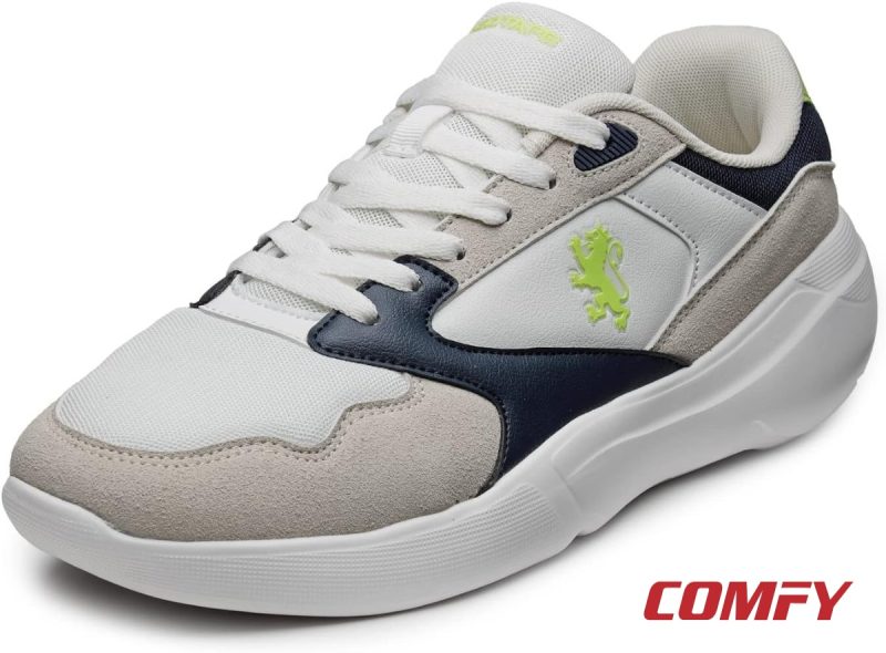 Detailed angle view of Red Tape white, beige, and navy sneaker.