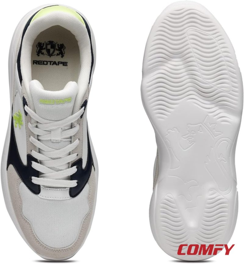 Top-down collar view and patterned outsole of Red Tape sneaker.