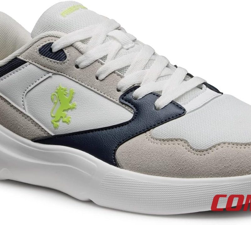 Front-three-quarter view of Red Tape colourblock sneaker in beige and navy.