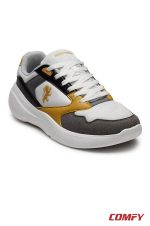 Red Tape men's grey sneakers with yellow and white panels viewed from the front-side.