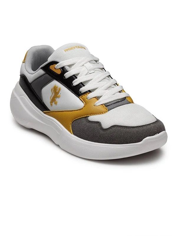 Red Tape men's grey sneakers with yellow and white panels viewed from the front-side.