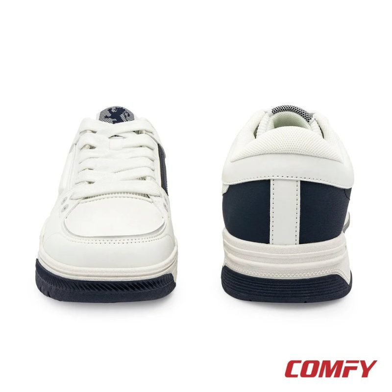 Front and back view of Red Tape white and navy sneakers.