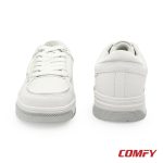 Front toe box and rear heel view of white Red Tape sneakers.
