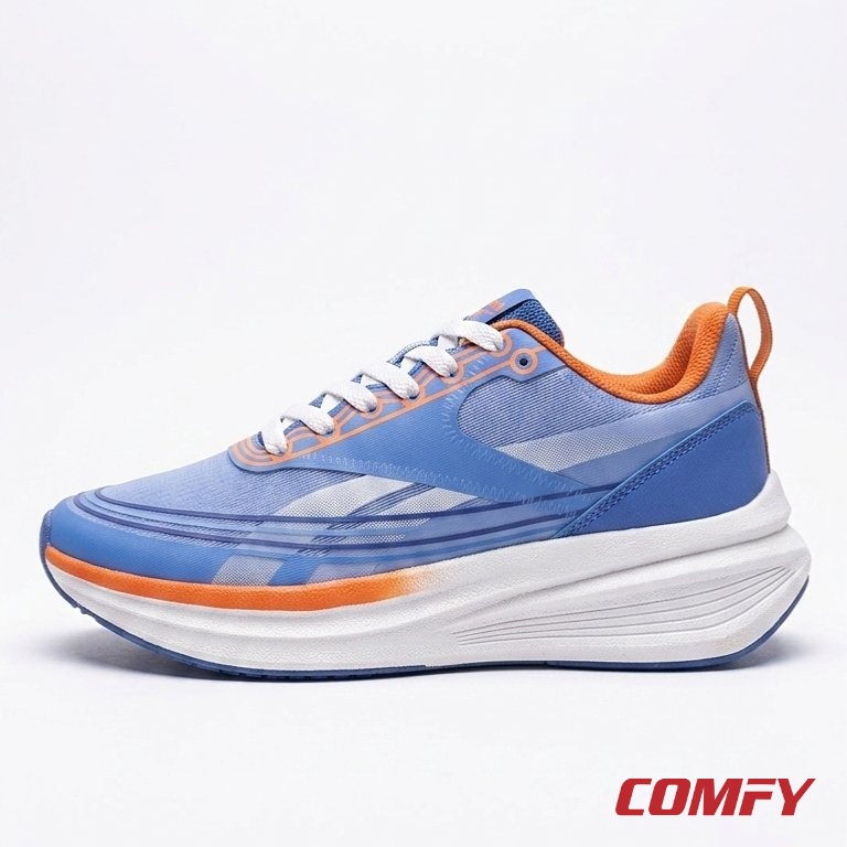 Side profile of 100% original Reebok premium blue shoe with orange accents.