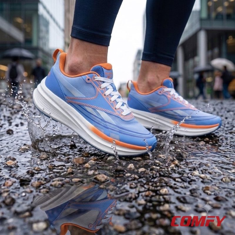 100% original Reebok premium blue shoes splashing in a wet city puddle.