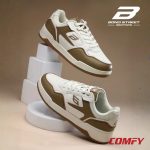 Floating presentation of Bond Street casual sneakers on white geometric blocks.