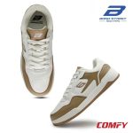 Top and side angle view of Bond Street white and beige casual sneakers for men.