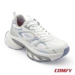White and blue chunky casual shoes for women in a 3/4 angle view showcasing stylish metallic details.
