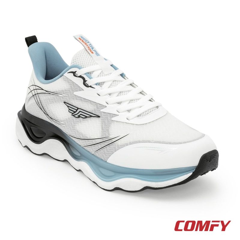 Red Tape athleisure shoes in grey and white, showcasing the mesh design and wavy cushioned sole.