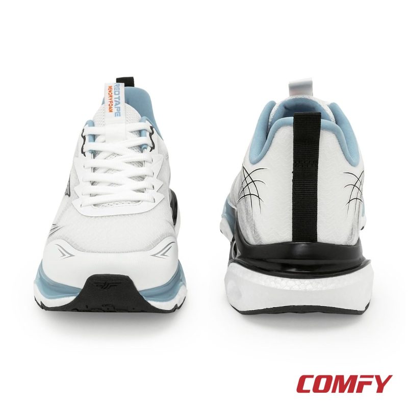 Front and back view of Red Tape grey athleisure shoes highlighting tongue detail and heel pull tab.