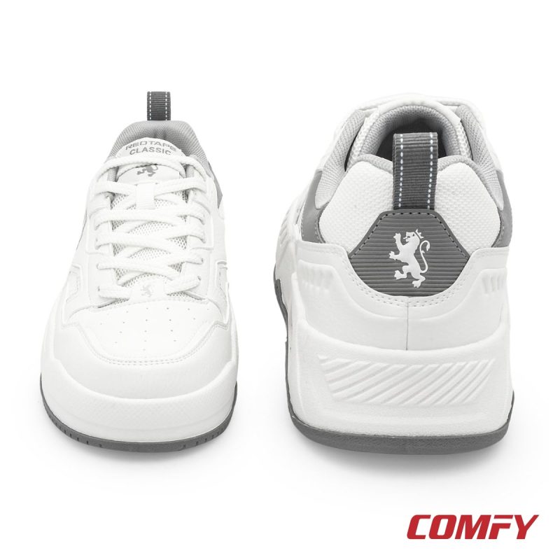 Front and rear views of Red Tape men's lifestyle sneakers in white and grey.