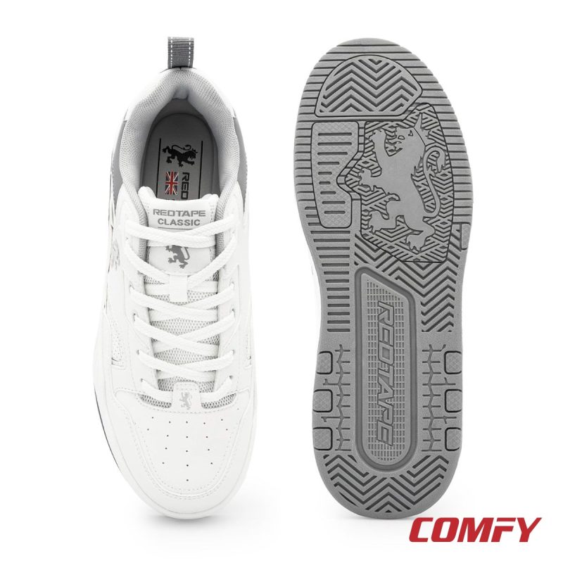 Top-down insole and patterned outsole view of Red Tape lifestyle sneakers.