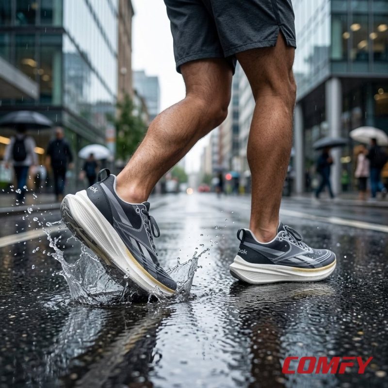 Runner in grey Reebok Light Float shoes striding through water on rainy pavement.