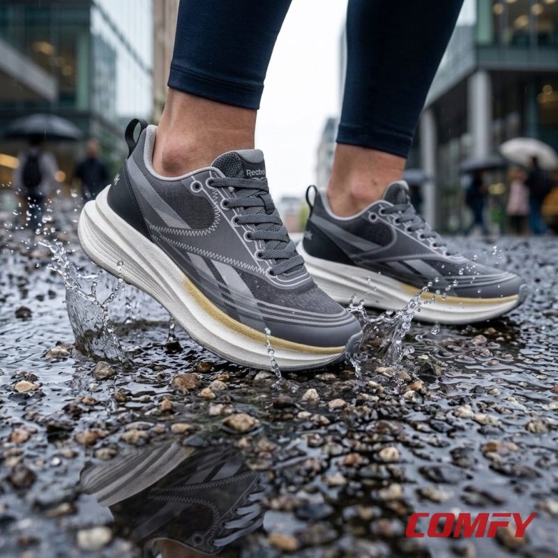 Grey Reebok Light Float running shoes stepping into a wet city street puddle with water splashing.