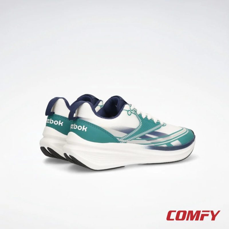 Rear heel view of white and green Reebok Light Float running trainers showing Reebok branding.