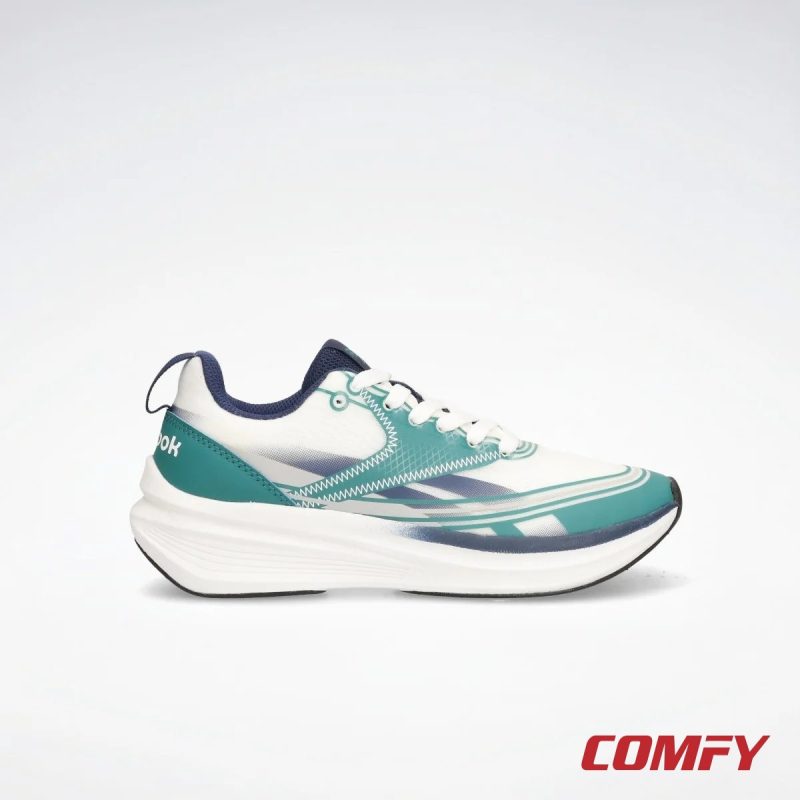 Reebok Light Float white and teal green running shoe side view showing thick white EVA midsole.
