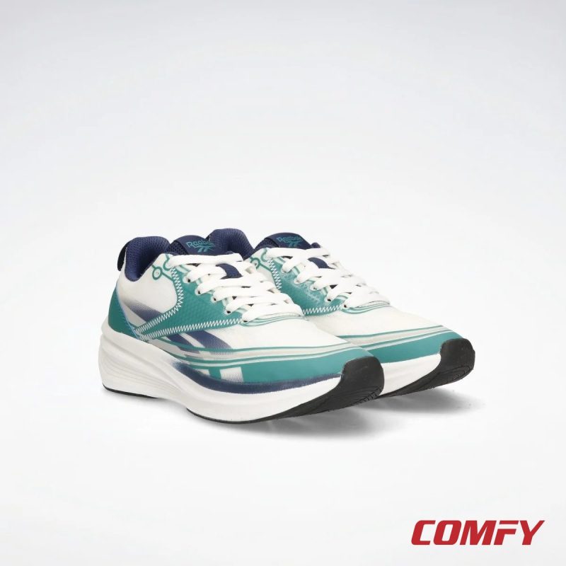 Front-facing pair of Reebok Light Float running sneakers in white and teal green.